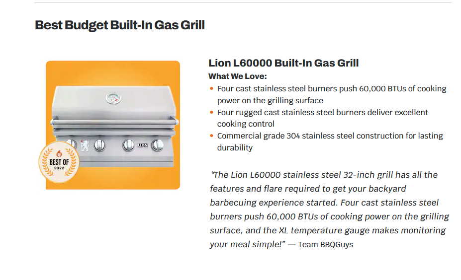 Lion Awarded 2022 Best Budget Gas Grill from BBQ Guys